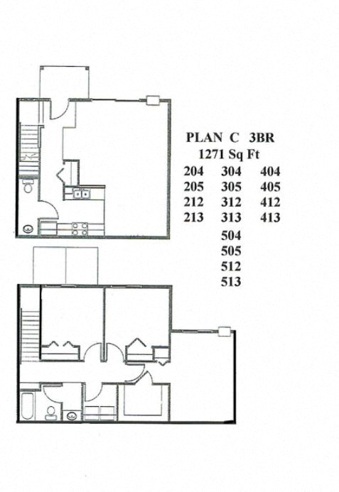Floor plan for 3 beds, 1.5 baths, 1271 sqft